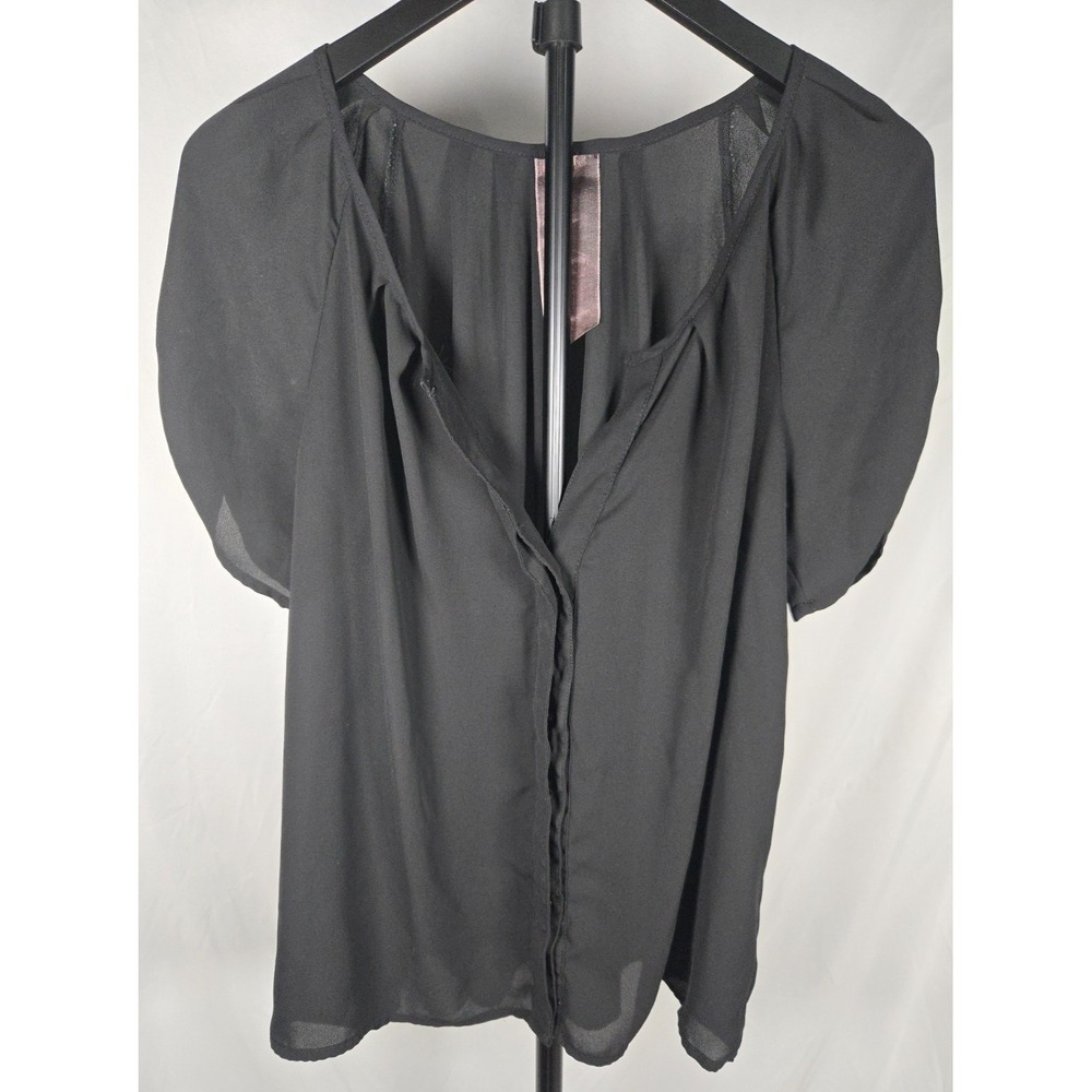 Black Hidden Button Blouse Size Large Flutter Sleeve Office Chic Quiet Luxury